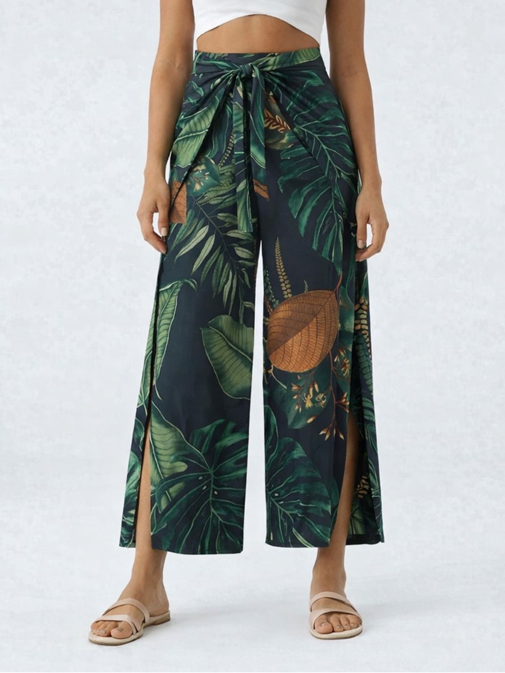 Tied Tropical Wide-Leg Pants in Dark Green Leaf Print
